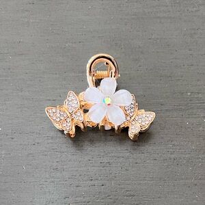 White Flower Allover Rhinestone Butterfly Gold Metal 1.7" Lobster Claw Hair Clip